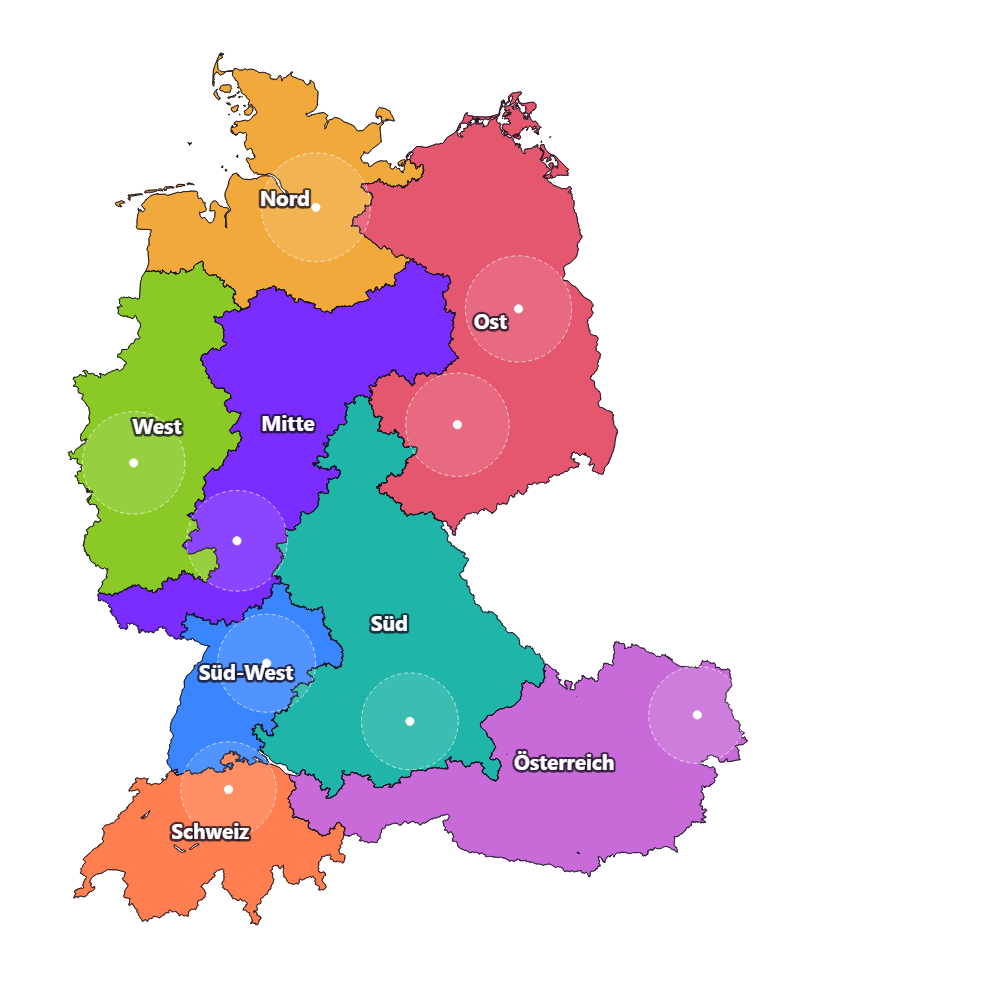 Beispielkarte aus iMapU: farbige Vertriebsgebiete in Deutschland, Österreich und der Schweiz